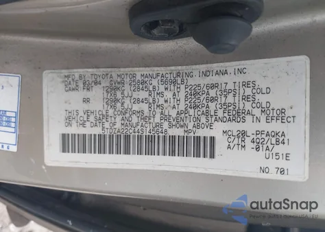 2004 Toyota Sienna Xle Limited из США, поврежденный, VIN 5TDZA22C44S145648